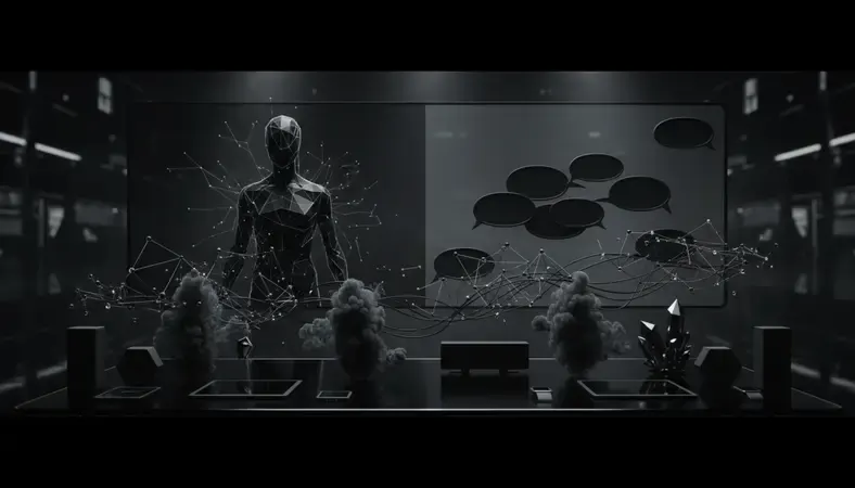 Split screen showing AI character avatar and chat interface with flowing conversation bubbles