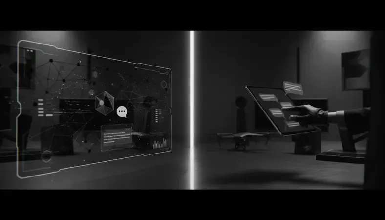 Split screen showing AI chatbot interface on left and human conversation on right