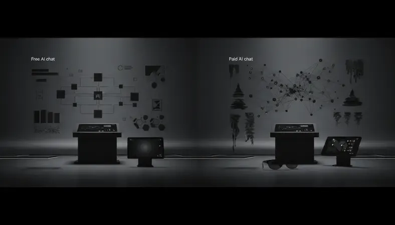 Split screen showing free vs paid AI chat interfaces with feature comparison