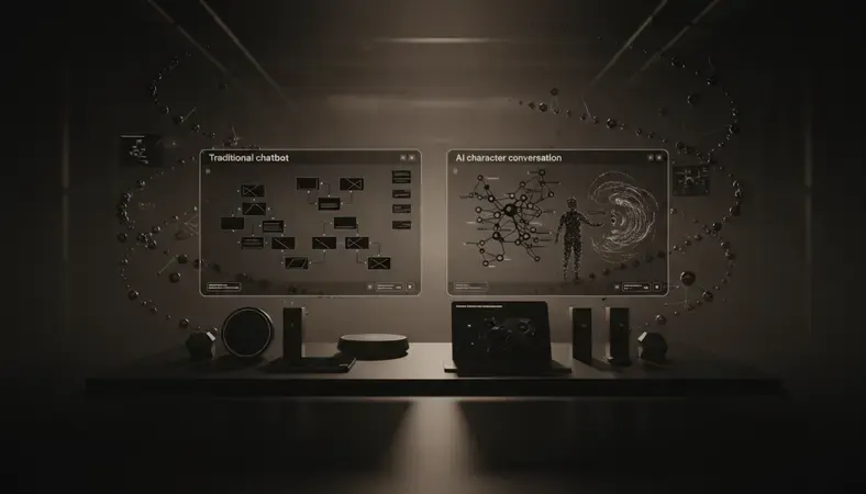 Side-by-side interface showing a traditional customer service chatbot versus an AI character conversation
