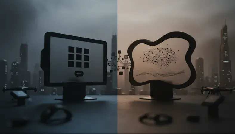 Split screen showing a traditional chatbot with limited menu options versus an AI chat interface with natural conversation flow