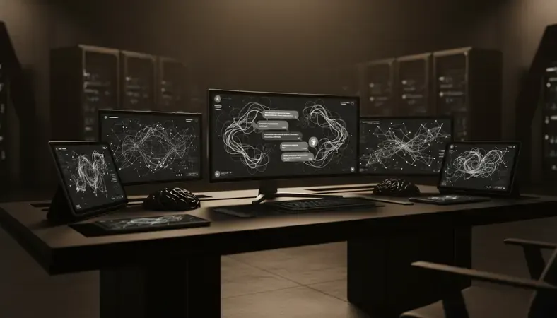 Modern AI chatbot interface on computer screen with conversation bubbles and automated responses