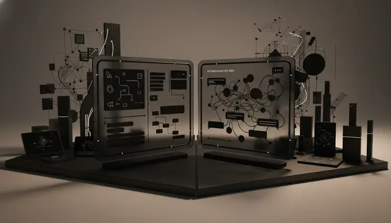 Split screen comparison showing traditional chatbot interface with rigid menu options versus AI conversation bot with natural dialogue flow