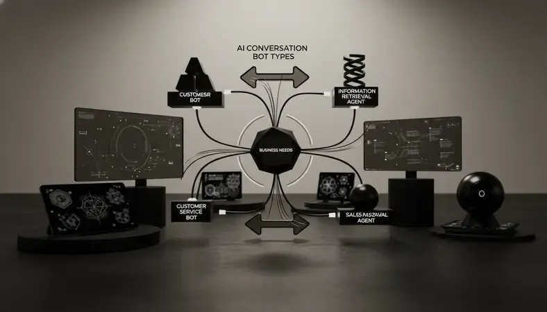 Flowchart showing decision points for choosing between different AI conversation bot types based on business needs