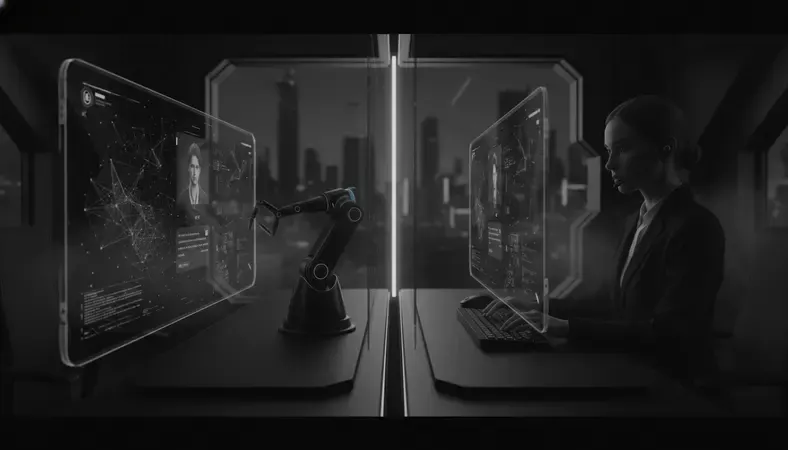 Split screen showing AI chatbot interface on one side and human customer service representative on the other