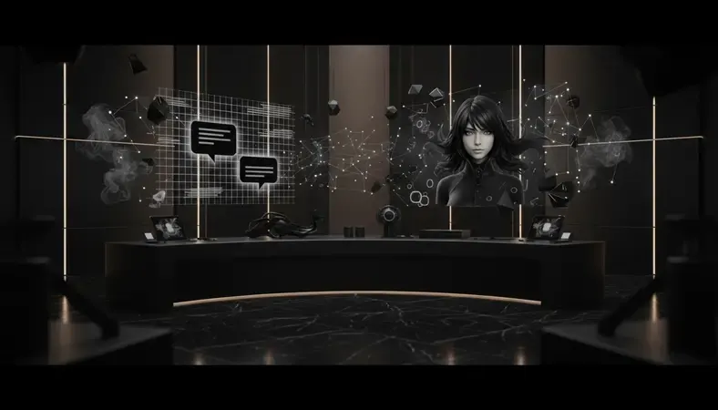 Split screen showing a traditional chatbot interface on one side and an advanced AI character with realistic avatar on the other