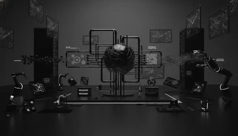Flowchart showing how user input flows through NLP, personality framework, and memory systems to generate character responses