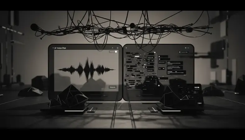Split screen showing text and voice chat interfaces with AI