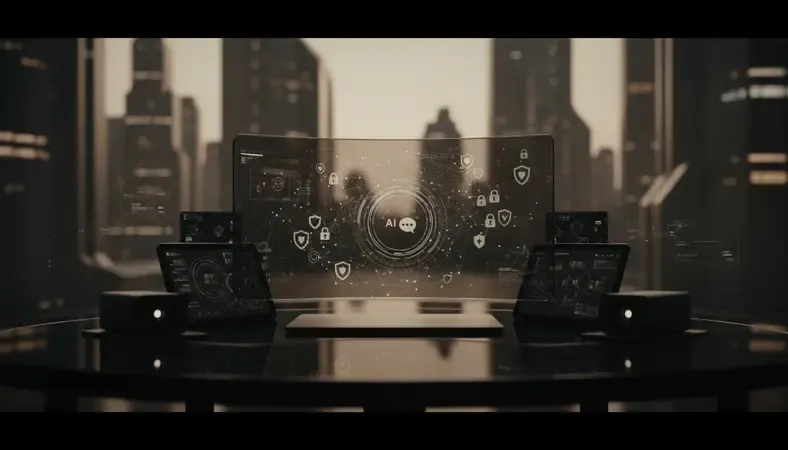 Digital security icons surrounding an AI chat interface showing privacy and safety features