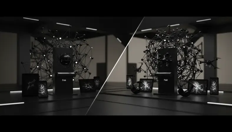 Split screen showing free vs paid AI chat interfaces with feature differences highlighted