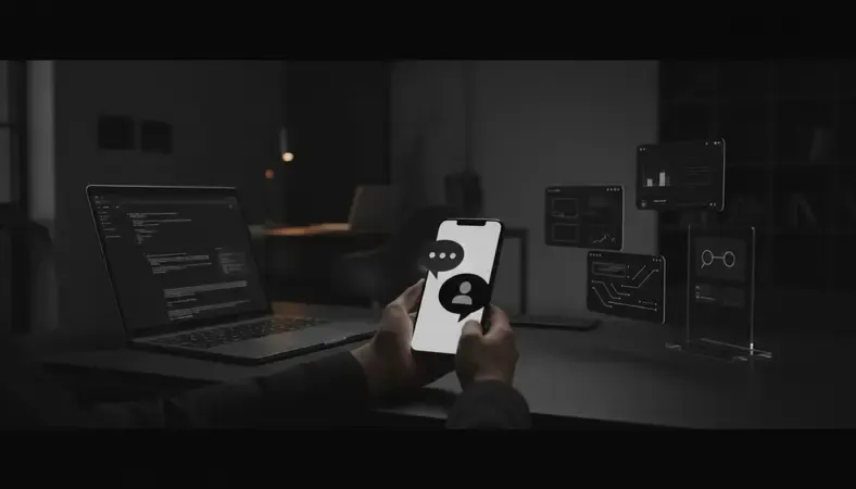 Person chatting with an AI character on a smartphone in a dimly lit room, colorful chat bubbles visible on screen