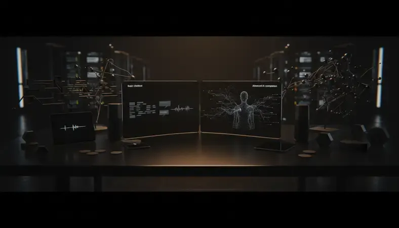 Split-screen illustration showing a basic chatbot interface on the left and an advanced AI companion chat interface on the right, representing different types of AI chat