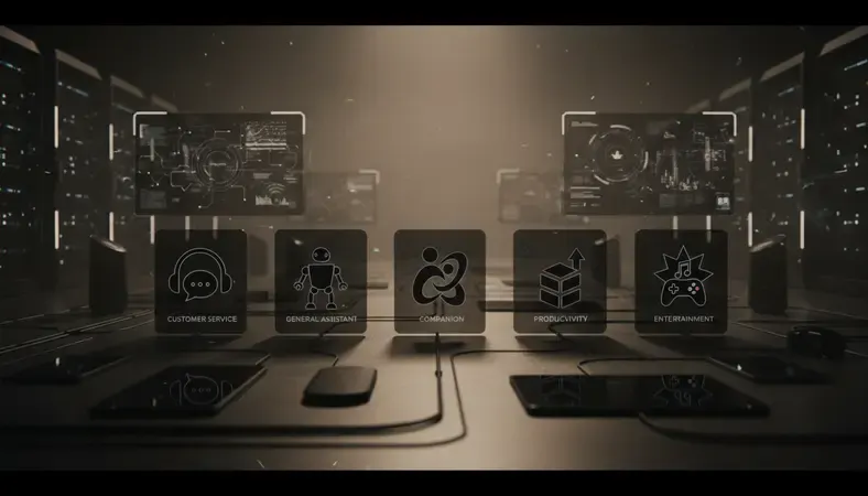Visual grid showing five types of AI chatbots with icons representing customer service, general assistant, companion, productivity, and entertainment bots