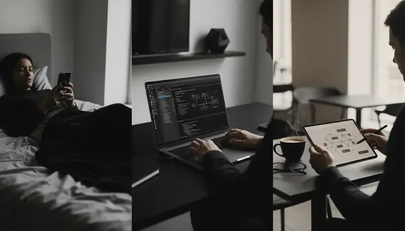 Diverse people using AI chat apps on phones and laptops in different settings — bedroom, office, coffee shop