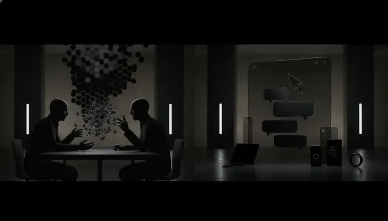 Split image showing a human conversation on one side and an AI chat interface on the other