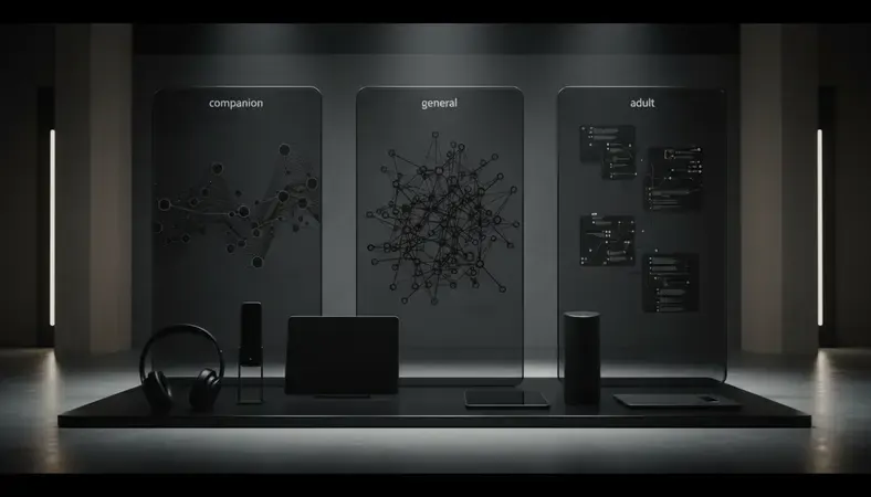 Side-by-side comparison showing different AI conversation bot interfaces across general, companion, and adult categories