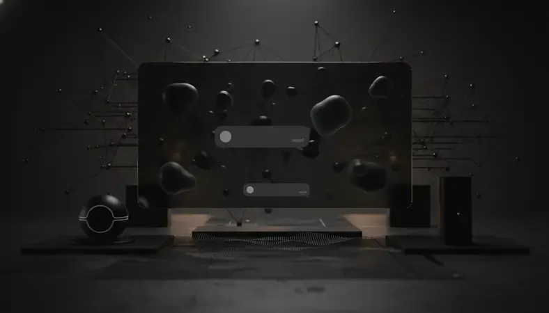 Futuristic AI chatbot interface with glowing conversation bubbles on a dark digital background
