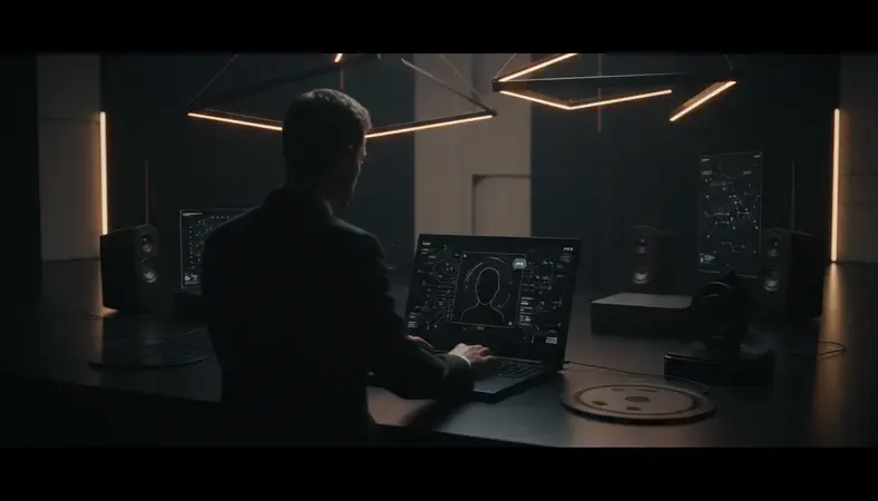 Person typing on a laptop, speaking with an AI chatbot interface on screen, warm ambient lighting