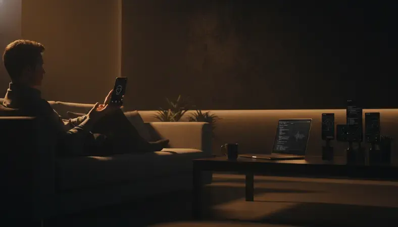 Person relaxed on a couch, using a speaking AI app on their phone, engaged in conversation