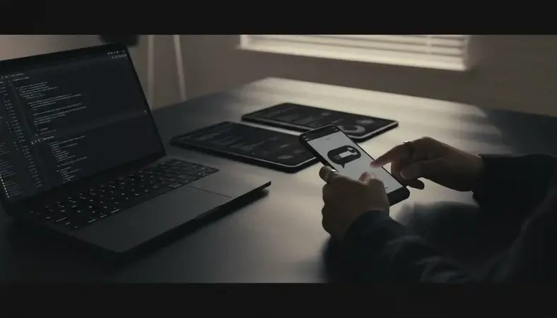 Close-up of hands typing on a phone with a glowing chat bubble appearing on screen, representing an active AI conversation