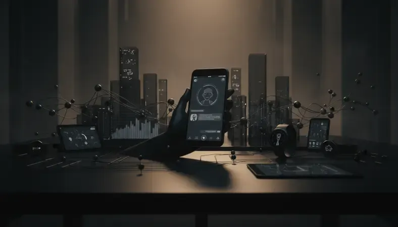 A stylized digital character interface showing a chat conversation with an AI persona on a dark-themed mobile screen