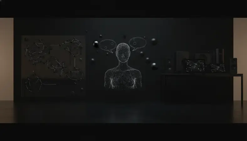 A glowing digital avatar representing an AI chat character on a dark background with conversation bubbles