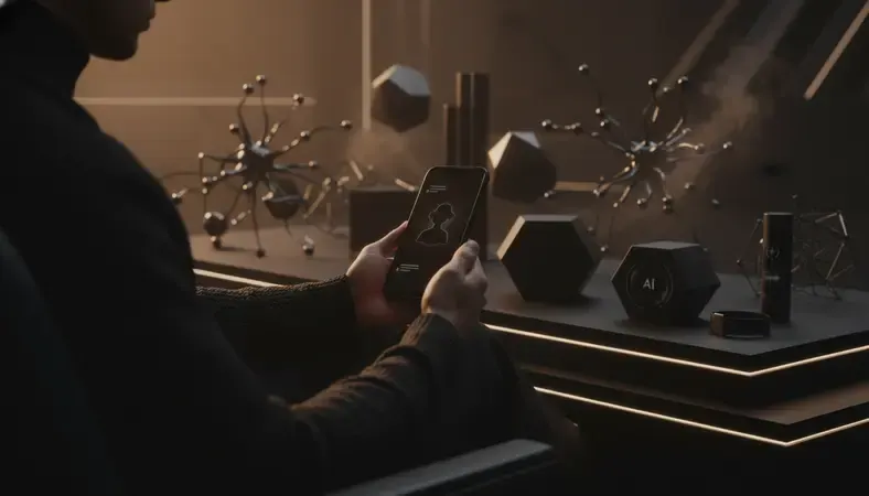 A person chatting on a smartphone with an illustrated AI character on screen, warm lighting, casual setting