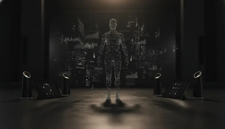 A glowing digital avatar representing an AI chatbot character on a dark background with soft neon lighting